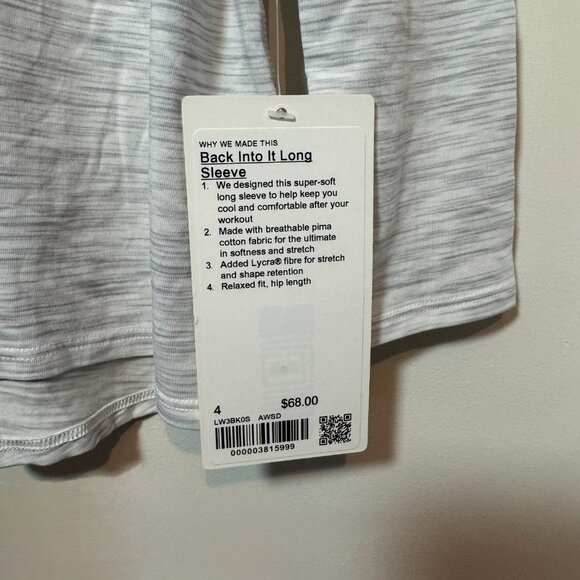 NWT Lululemon Back Into It Long Sleeve in Space Dye Ice Grey Alpine White, Sz 4 - Picture 6 of 8